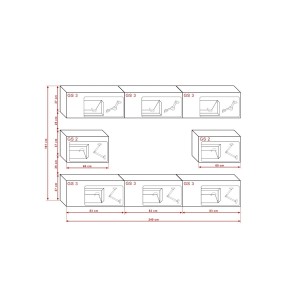 Ensemble de meubles de salon noir et blanc suspendus collection CEPTO 249cm, 8 portes, modulables. Milieu coloris blanc