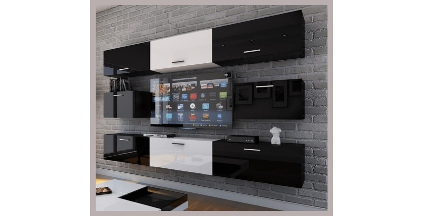 Ensemble de meubles de salon noir et blanc suspendus collection CEPTO 249cm, 8 portes, modulables. Milieu coloris blanc