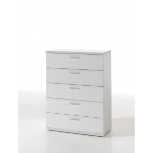 Commode haute robuste 5 tiroirs coloris blanc effet bois collection OLGA