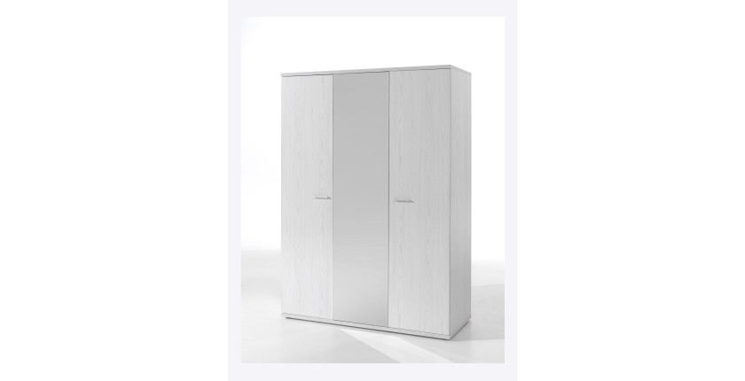 Armoire robuste avec miroir. 3 portes battantes 150cm collection OLGA coloris blanc effet bois