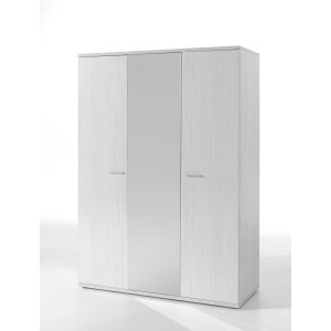 Armoire robuste avec miroir. 3 portes battantes 150cm collection OLGA coloris blanc effet bois
