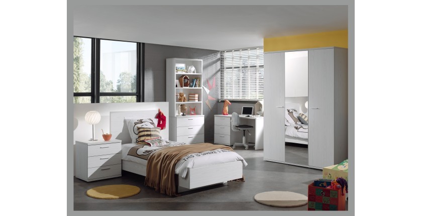 Armoire robuste avec miroir. 3 portes battantes 150cm collection OLGA coloris blanc effet bois