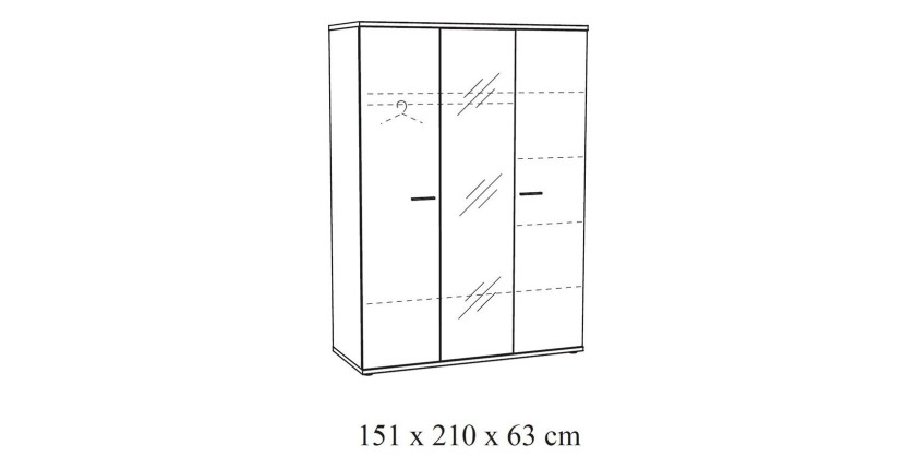 Armoire robuste avec miroir. 3 portes battantes 150cm collection OLGA coloris blanc effet bois