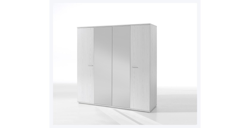 Armoire robuste avec miroirs. 4 portes battantes 200cm collection OLGA coloris blanc effet bois
