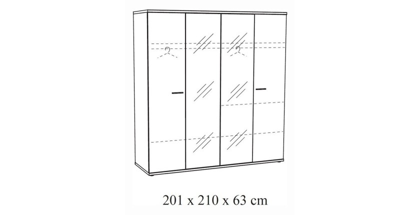 Armoire robuste avec miroirs. 4 portes battantes 200cm collection OLGA coloris blanc effet bois