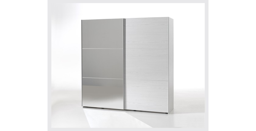 Armoire 200 cm pour chambre avec 2 portes coulissantes dont une avec miroir, collection OLGA, blanc effet bois