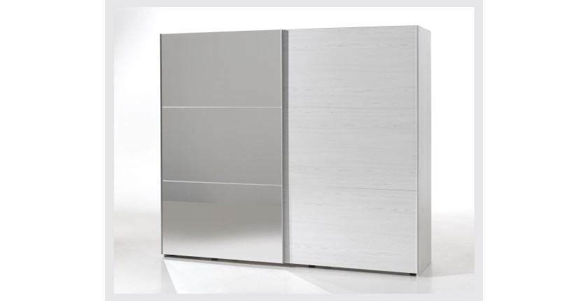 Armoire 250cm pour chambre à coucher avec 2 portes coulissantes dont une avec miroir collection OLGA coloris blanc effet bois