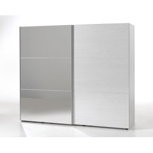 Armoire 250cm pour chambre à coucher avec 2 portes coulissantes dont une avec miroir collection OLGA coloris blanc effet bois