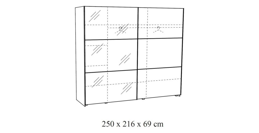 Armoire 250cm pour chambre à coucher avec 2 portes coulissantes dont une avec miroir collection OLGA coloris blanc effet bois