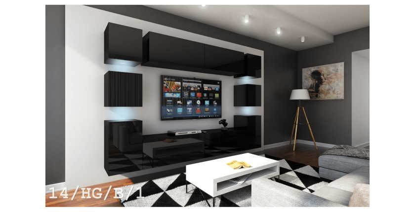 Ensemble de meubles de salon noir suspendus collection CEPTO. 256cm, 10 meubles, 10 portes, leds