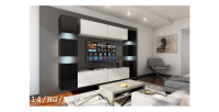 Ensemble de meubles de salon noir et blanc suspendus collection CEPTO. 256cm, 10 meubles, 10 portes, leds