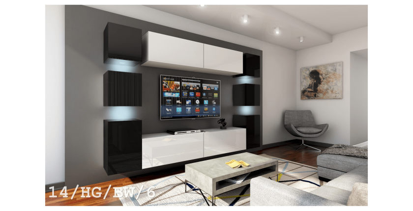 Ensemble de meubles de salon noir et blanc suspendus collection CEPTO. 256cm, 10 meubles, 10 portes, leds