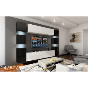 Ensemble de meubles de salon noir et blanc suspendus collection CEPTO. 256cm, 10 meubles, 10 portes, leds