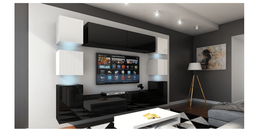 Ensemble de meubles de salon noir et blanc suspendus collection CEPTO. 256cm, 10 meubles, 10 portes, leds. Cube de couleur blanc