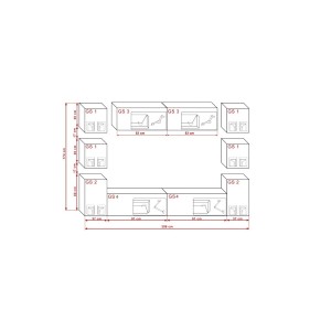 Ensemble de meubles de salon noir et blanc suspendus collection CEPTO. 256cm, 10 meubles, 10 portes, leds. Cube de couleur blanc
