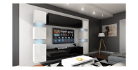 Ensemble meubles de salon suspendus milieu noir, côté blanc collection CEPTO. 256cm, 10 meubles, leds.