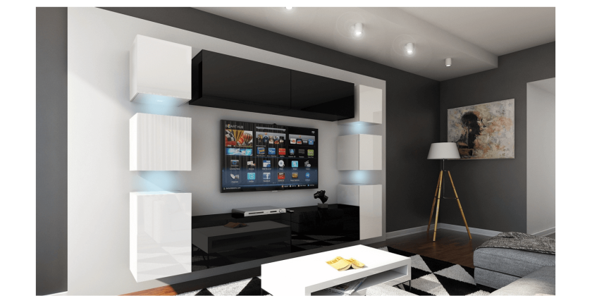 Ensemble meubles de salon suspendus milieu noir, côté blanc collection CEPTO. 256cm, 10 meubles, leds.