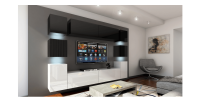 Ensemble meubles de salon suspendus haut noir, bas blanc collection CEPTO. 256cm, 10 meubles, leds.