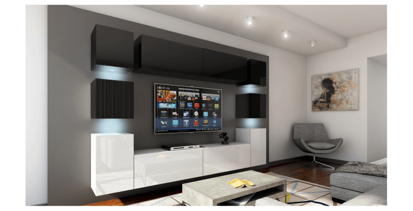 Ensemble meubles de salon suspendus haut noir, bas blanc collection CEPTO. 256cm, 10 meubles, leds.