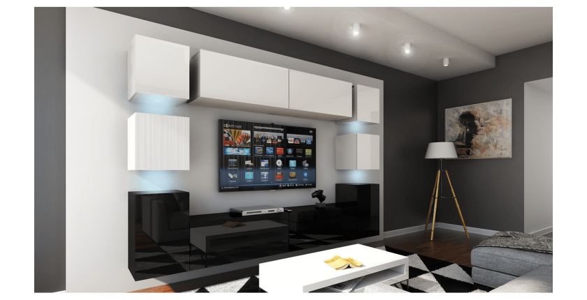 Ensemble meubles de salon suspendus bas noir, haut blanc collection CEPTO. 256cm, 10 meubles, leds.