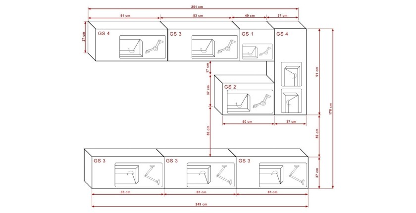 Ensemble meubles de salon suspendus blanc collection CEPTO. 249cm, 8 meubles, leds.