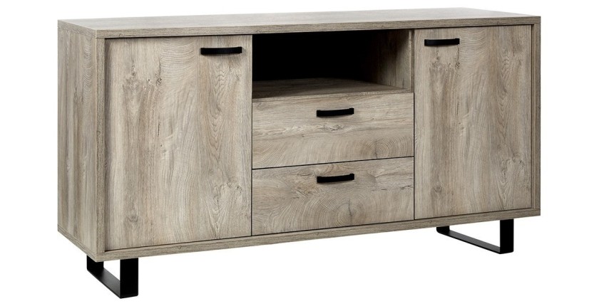Buffet design 170cm 2 portes et 2 tiroirs pour salon couleur chêne clair collection NEWTON