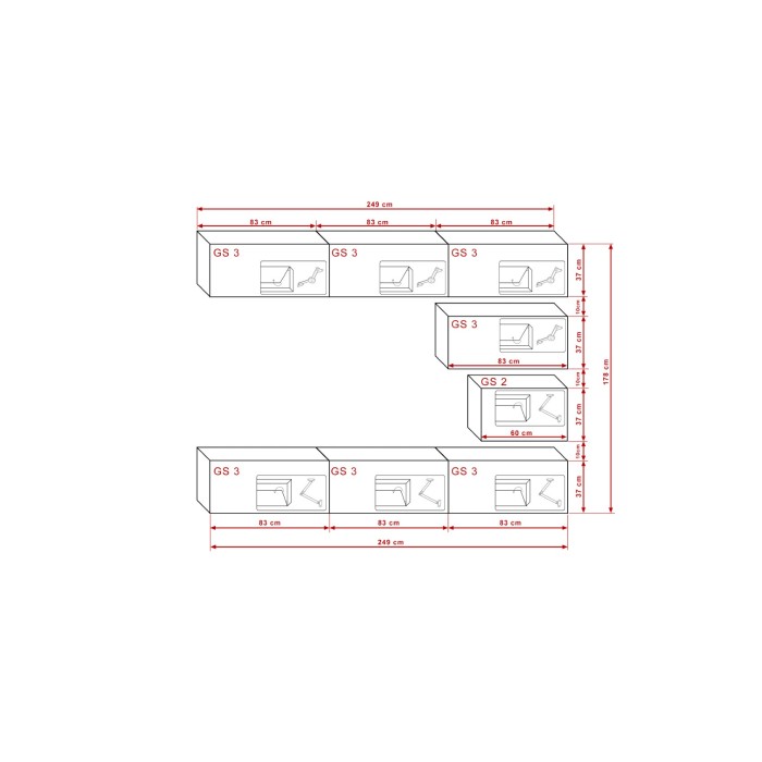 Ensemble de meubles de salon blanc suspendus collection CEPTO XVI 249cm, 8 meubles, modulables.