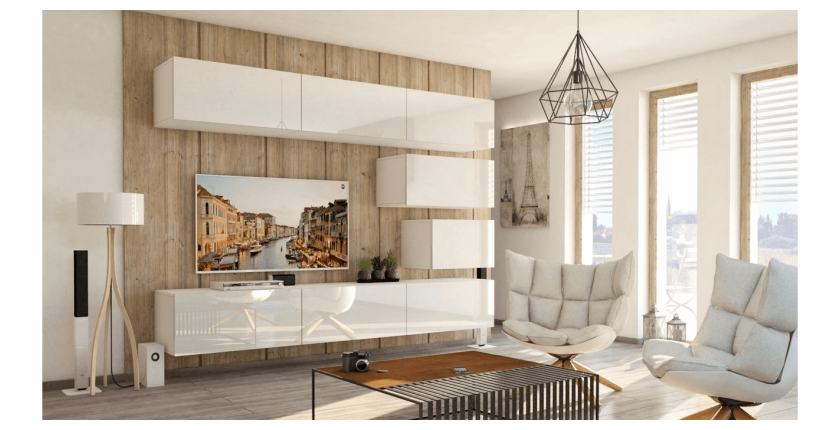 Ensemble de meubles de salon blanc suspendus collection CEPTO XVI 249cm, 8 meubles, modulables.