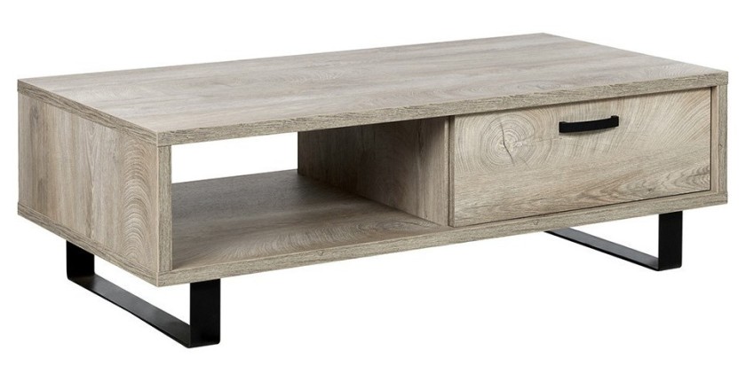 Table basse robuste collection NEWTON Coloris chêne clair. Pieds en métal noir.