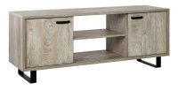 Meuble TV 170cm coloris chêne clair avec 2 tiroirs et 2 niches collection NEWTON. Pieds en métal