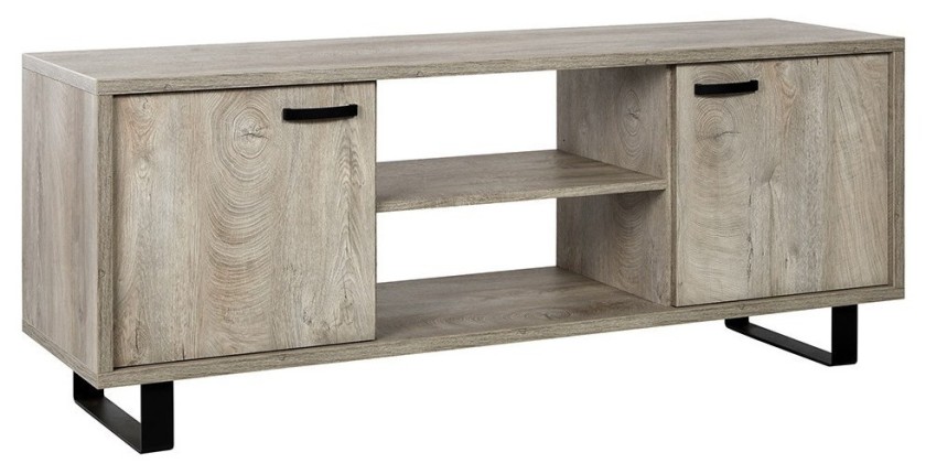 Meuble TV 170cm coloris chêne clair avec 2 tiroirs et 2 niches collection NEWTON. Pieds en métal