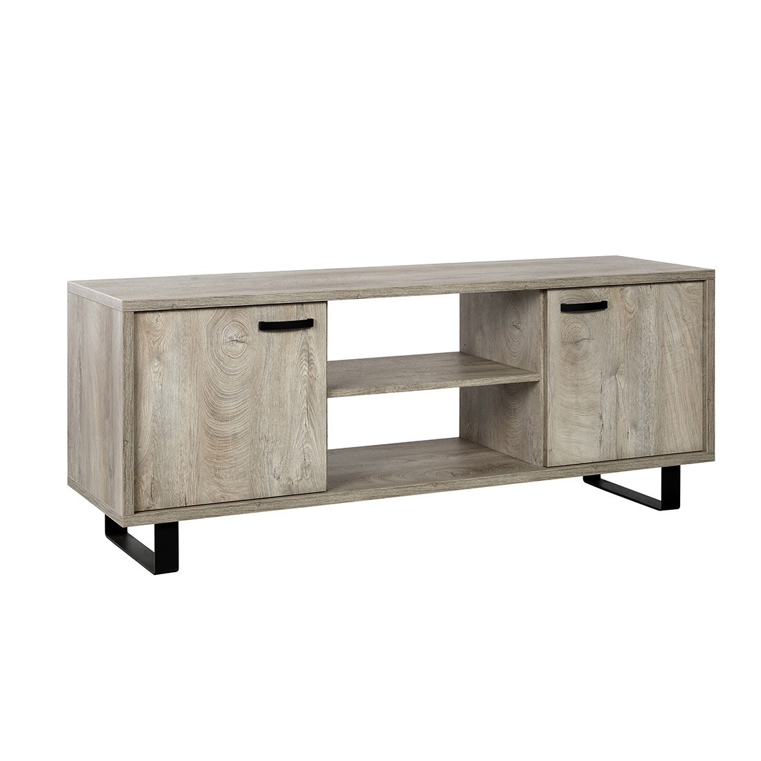 Meuble TV 170cm coloris chêne clair avec 2 tiroirs et 2 niches collection NEWTON. Pieds en métal