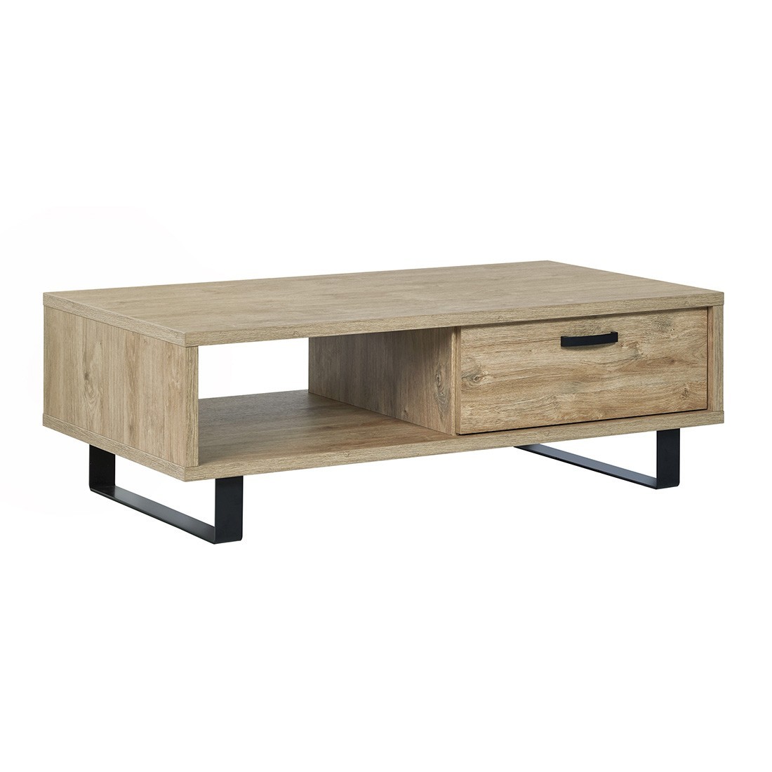 Table basse robuste collection NEWTON Coloris chêne doré. Pieds en métal noir