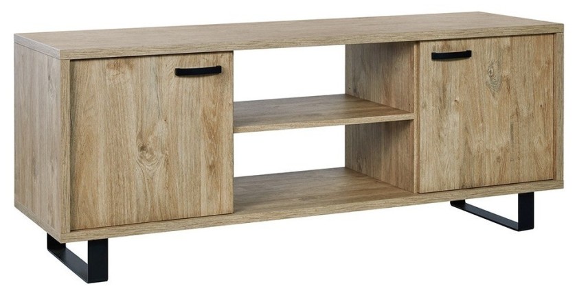 Meuble TV 170cm coloris chêne doré avec 2 tiroirs et 2 niches collection NEWTON. Pieds en métal