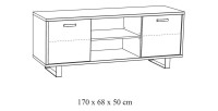 Meuble TV 170cm coloris chêne doré avec 2 tiroirs et 2 niches collection NEWTON. Pieds en métal