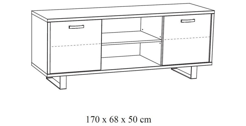 Meuble TV 170cm coloris chêne doré avec 2 tiroirs et 2 niches collection NEWTON. Pieds en métal