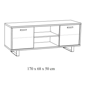 Meuble TV 170cm coloris chêne doré avec 2 tiroirs et 2 niches collection NEWTON. Pieds en métal