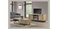 Meuble TV 170cm coloris chêne doré avec 2 tiroirs et 2 niches collection NEWTON. Pieds en métal
