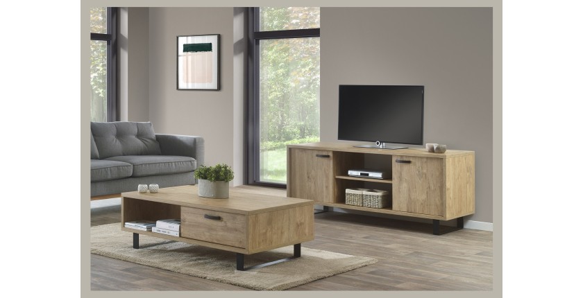 Meuble TV 170cm coloris chêne doré avec 2 tiroirs et 2 niches collection NEWTON. Pieds en métal