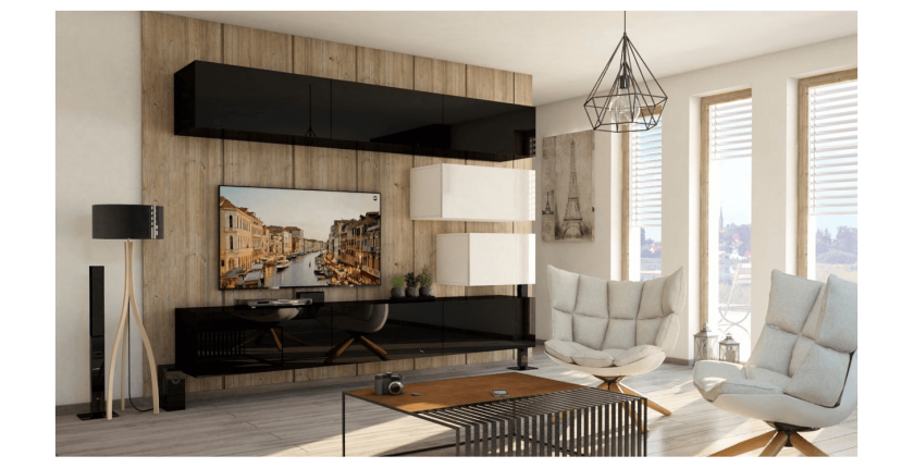 Ensemble de meubles de salon noir et blanc suspendus collection CEPTO XVI 249cm, 8 meubles, modulables.