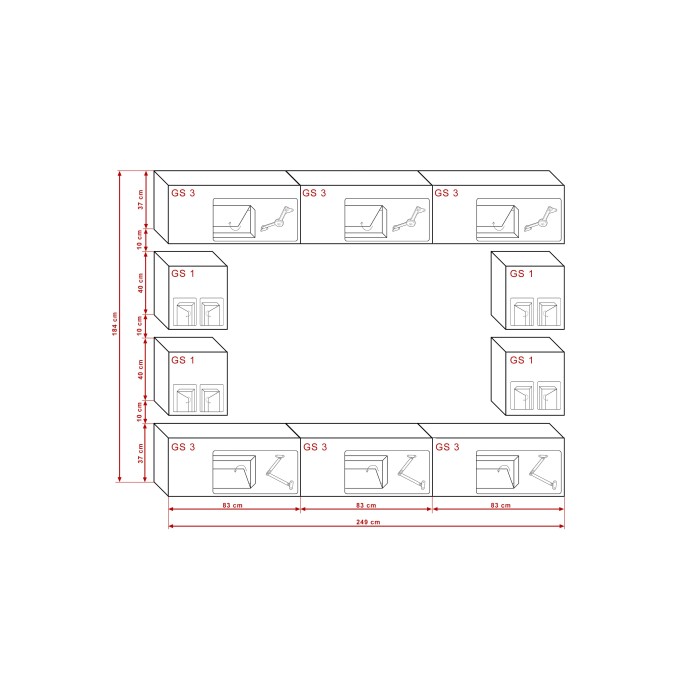 Ensemble de meubles de salon noir suspendus collection CEPTO XVII 249cm, 10 meubles, leds, modulables.