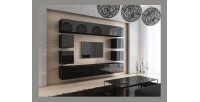 Ensemble de meubles de salon noir suspendus collection CEPTO XVII 249cm, 10 meubles, leds, modulables.