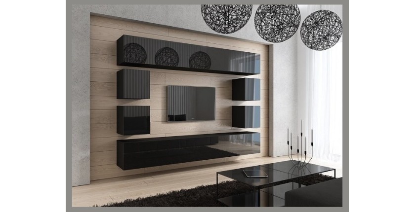Ensemble de meubles de salon noir suspendus collection CEPTO XVII 249cm, 10 meubles, leds, modulables.