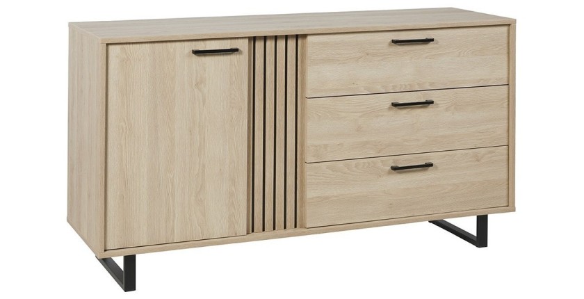 Buffet diseño 165cm con 1 puerta y 3 cajones para salón color roble claro colección LOFT patas de metal.