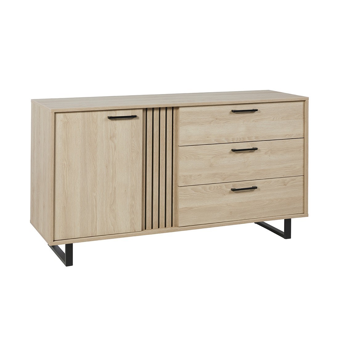 Buffet diseño 165cm con 1 puerta y 3 cajones para salón color roble claro colección LOFT patas de metal.