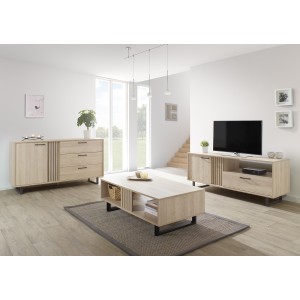 Buffet diseño 165cm con 1 puerta y 3 cajones para salón color roble claro colección LOFT patas de metal.