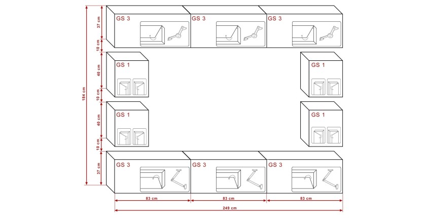 Ensemble de meubles de salon blanc et noir suspendus collection CEPTO XVII 249cm, 10 meubles, leds, modulables.