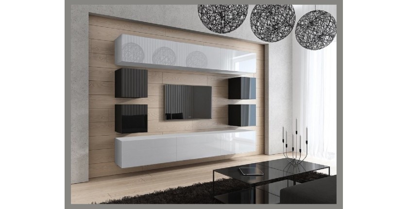 Ensemble de meubles de salon blanc et noir suspendus collection CEPTO XVII 249cm, 10 meubles, leds, modulables.