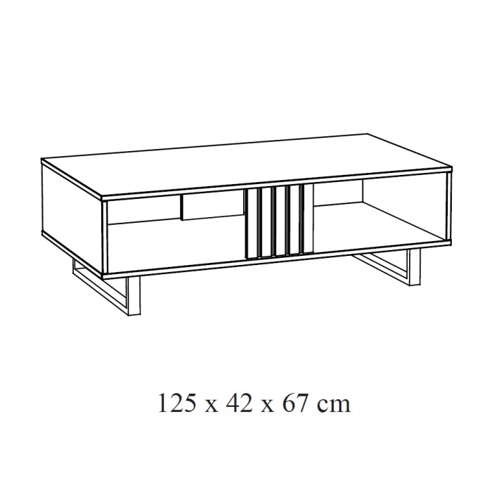 Robuster Couchtisch aus der LOFT-Kollektion in heller Eichenfarbe. Schwarze Metallbeine.