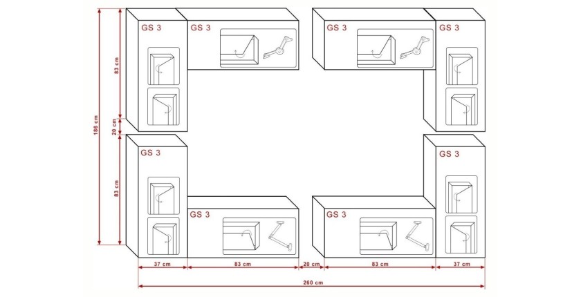 Ensemble de meubles de salon blanc suspendus collection CEPTO XX 260cm, 10 meubles, leds, modulables.